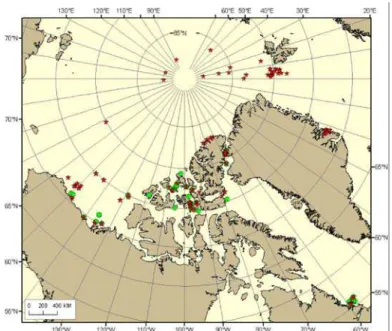 Figure 1.  Locations where old ice floes were sampled.  Stars show floes  where only temperature, salinity and/or density were measured; circles  show where borehole strength tests were conducted in old ice floes
