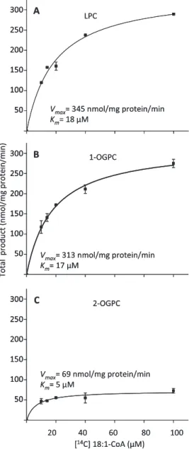 FIGURE 6. Quantification of products of the reverse reactions of AtLPCAT2 with an equimolar mixture of sn -1–16:0- sn -2-[ 14 C]18:1-PC and sn  -1–16:0-sn -2-[ 14 C]ricinoleoyl-PC