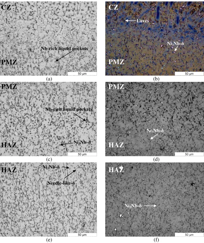 Figure 9. Microstructures of the HAZ between the PM (as-serviced) and the CZ of a multi-bead  and multi-layer deposit in (a, c, e) ADed and (b, d, f) PCHTed conditions
