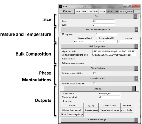Figure 3 - Rcrust GUI with Example1 (Example_simple) parameters loaded. The parameters are grouped into  collapsible tabs