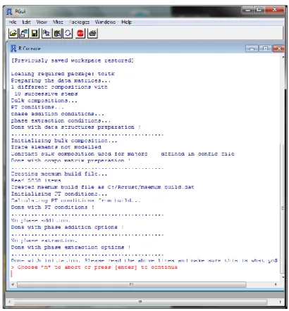 Figure 4 - The Rcrust calculation is launched into the R Console which tracks the calculation progress and is  currently waiting for a response to continue or abort