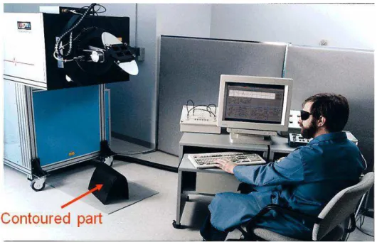 Figure 2: First laser ultrasonic system for composite inspection:  only the unit of the system which  includes the mirror scanner and the CO 2  laser is shown here scanning a contoured part on the floor