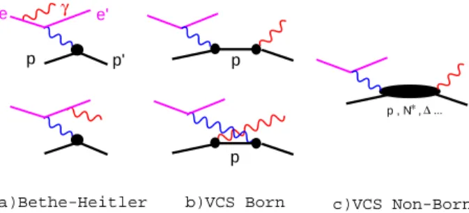 Fig. 6. Feynman graphs of photon electroproduction. In the VCS Born graphs the inter- inter-mediate state is a proton on-mass-shell