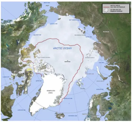 Figure 0-7: Map of the Arctic Circle showing the minimum extent of sea ice both in 2012 (red  line) and on average for the past 30 years [48] 