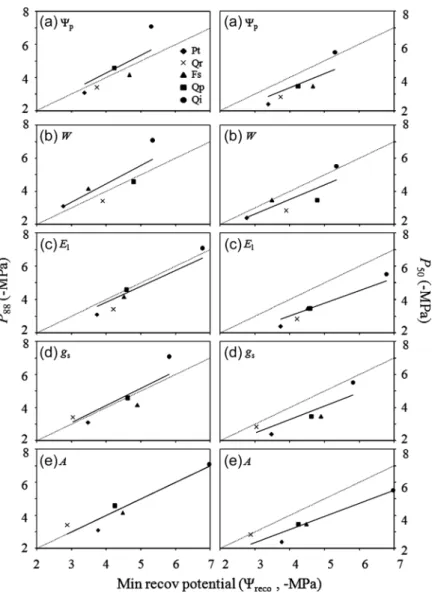Table 2.   Slopes of the linear regression between cavitation traits (P 50 and P 88 ) and the minimum recoverable potential associated with  pre-dawn leaf water potential (Ψ reco_Ψp  ), total plant water loss rate (Ψ reco_W ),  leaf transpiration ( Ψ reco 