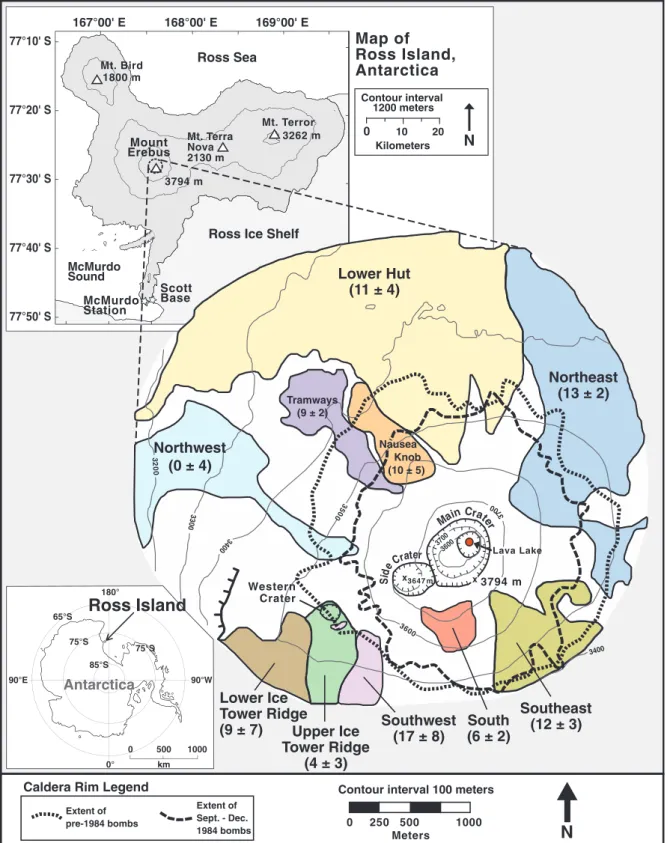 Fig. 1. Map of Mt. Erebus showing its location and the location and 40 Ar/ 39 Ar ages of its lavas