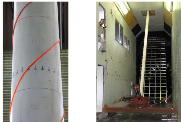 Figure 1: View of the helical fillet glued to the surface of the model (left) and view from downstream of the sectional model at 60 ◦ inclination with the turbulence grid in the background (right).