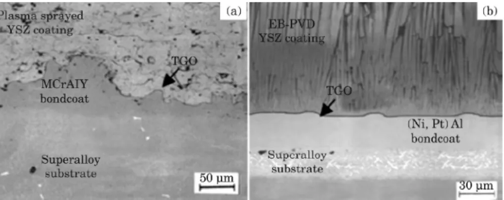 Fig. 8: Electron micrographs of a thermal barrier coating (TBC) obtained by (a) air plasma spray (APS) and (b) electron beam physical vapor deposition (EB–PVD) [82] .