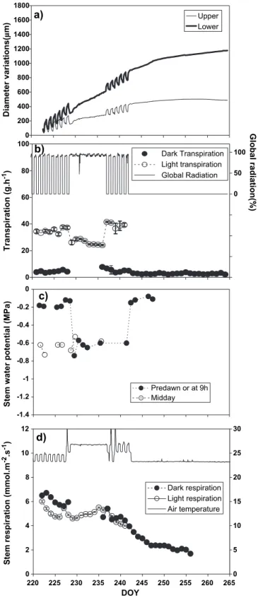 Fig. 5. Time-course of different variables for the tree T4 in experiment B with four distinct periods (12/12 h, prolonged light, 12/12 h, prolonged dark)