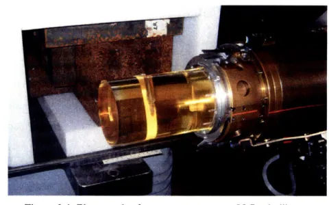 Figure  3-4:  Photograph  of measurement  setup.  Nal  scintillator positioned  orthogonal  to  the  beamline  behind  shielding  with  a 5mm  slit  aperture  (top),  scanned  along  the  beam  path
