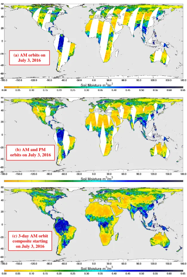 Figure 1 is an example of SMAP L2SMP soil moisture data.  (a) includes soil moisture retrieved   from one day of 6 am descending orbits on July 3, 2016;  (b) adds the 6 pm orbit data for July 3,   2016;  (c) is a 3-day composite of just AM orbits showing c