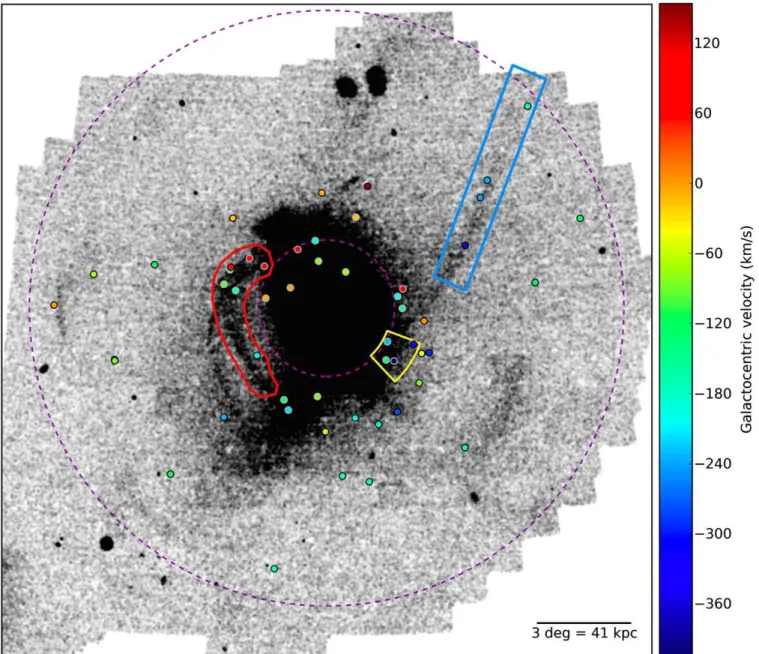 Figure 1. Metal-poor stellar density map of M31 from PAndAS. The positions of the observed GCs are marked with colored dots which correspond to their Galactocentric radial velocities in units of km s −1 