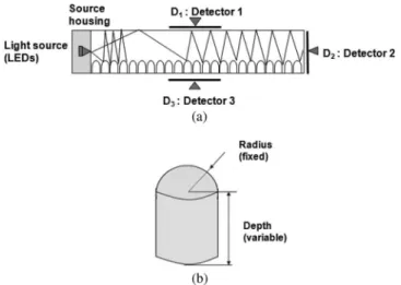 Fig. 1 Transmission of light rays through an optically transparent wave guide. (a) Side view of a LGP with micropatterned surface (lights rays tend to exit from side opposite micropatterns)