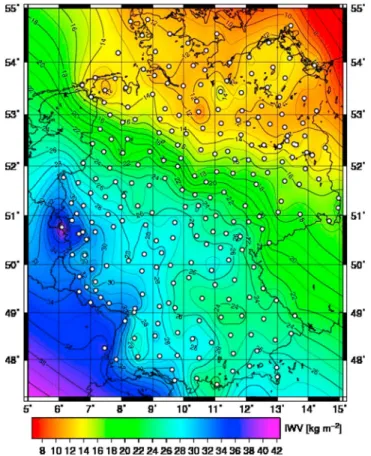 Figure 13. GNSS IWV map on 3 June 2012 at 12 UTC. White dots indicate the location of the ground-based stations.