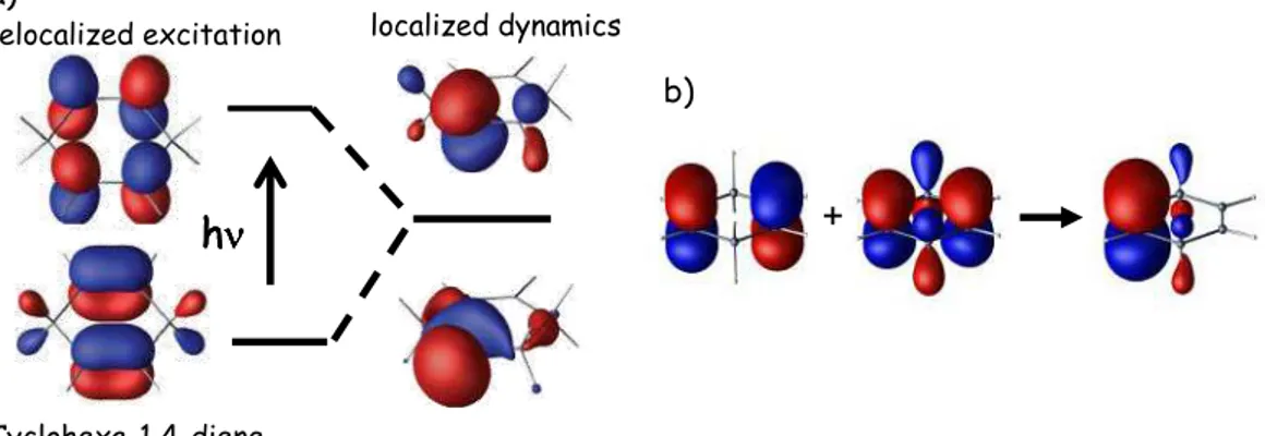 Fig. 1. a) Sketch of the localization of dynamics in cyclohexa-1,4-diene. b) Localization through  linear combination