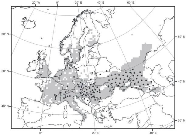 Fig. 2. The distribution (colonized grid cells of 50 9 50 km size are shown in grey) of Ambrosia artemisiifolia in Europe