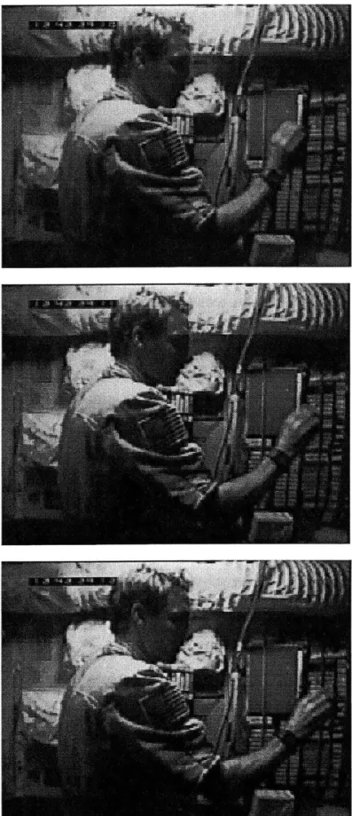 Figure 3.2.  Three  consecutive  frames  of the  digitized  video  footage  from  a throw.