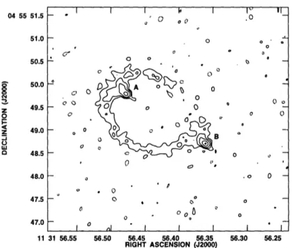 Figure  3.4  - 22  GHz total  intensity  image.  The  contour  levels  are  -16,  16,  32, 64,  and  95% of  the  peak  (3.8  mJy/beam).