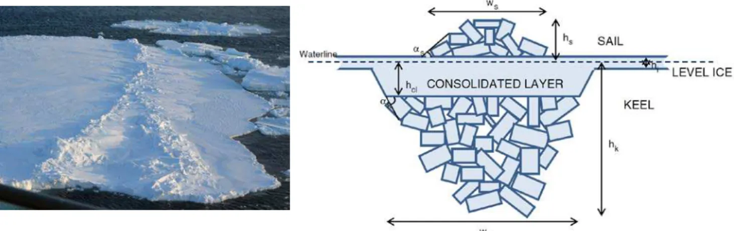 Figure  1. First year ridging on a floe in Fram Strait, March 2012 (left); cross-section  illustrating the components of a typical first-year ice ridge, reproduced from Strub-Klein and  Sudom, 2012 (right) 