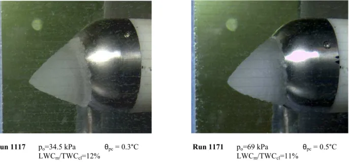 Figure 10. Comparison of steady-state ice shapes for low and high pressure runs 1117 and 1171 at approximately  matched θ pc