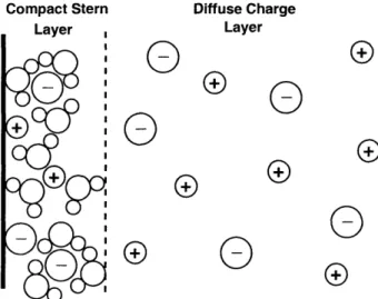 Figure  2-1:  Schematic  diagram  of the  structure  of the  double  layer.  Immedi- Immedi-ately  adjacent  to  the  electrode  is the  compact  Stern  layer  which  is composed of specifically  adsorbed  ions  (possibly  with  their  solvation  structure