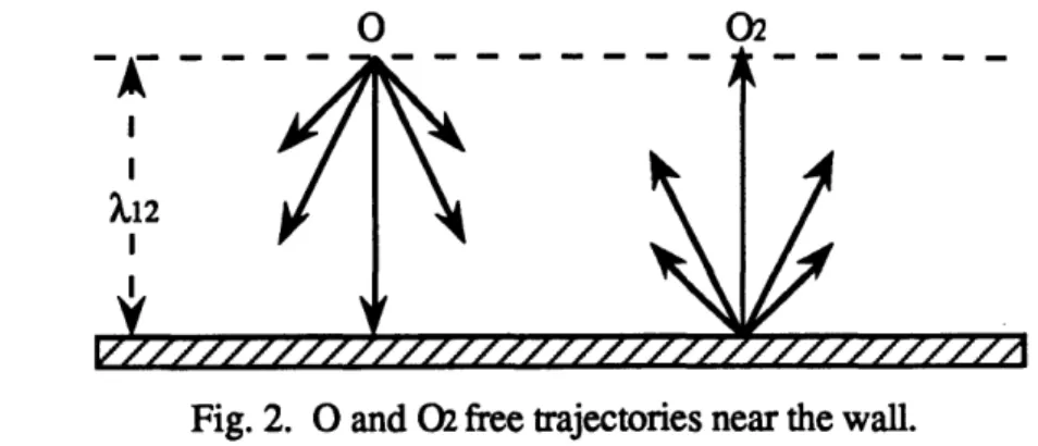 Fig. 2.  0  and 02 free trajectories near the wall.