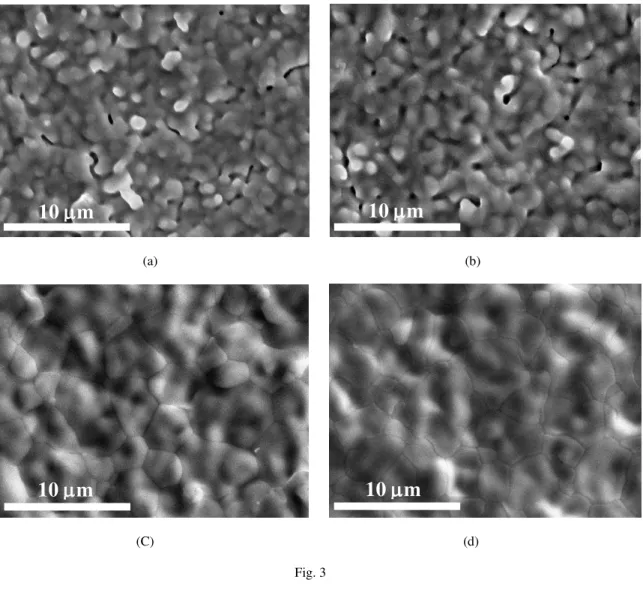 Fig. 3. SEM photos of the surface of BCZY on NiO-BCZY sintered at (a) 1300, (b) 1325, (c) 1350, and  (d) 1400 °C for 2 h in air