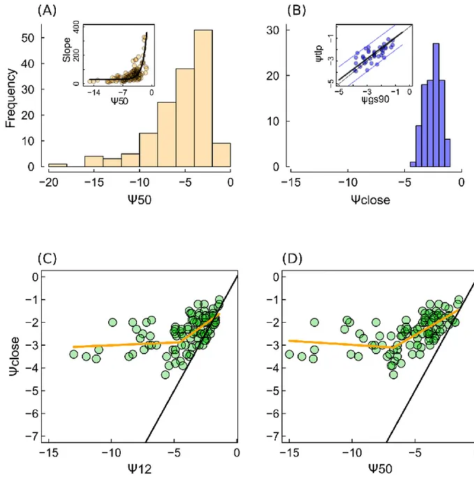 Figure  1:  Range  of  variation  of  embolism  resistance  (Ψ 50 )  and  stomatal  response  to  drought  (Ψ close ), 103 