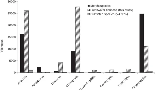 Figure 6. Richness computed from morphospecies (Pawlowski et al. 2012), freshwater OTUs (Sobs in table 2), and cultivated species (region V4 from the Silva database clustered at 95%).