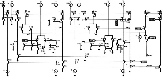 Figure 18.  A two-channel  race-to-spike  circuit, built from a voltage  winner-take-all  topology.