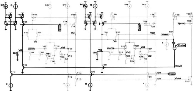Figure 19. The 2-channel  race-to-spike  circuit with  translinear current gain  input stage  in  bold.