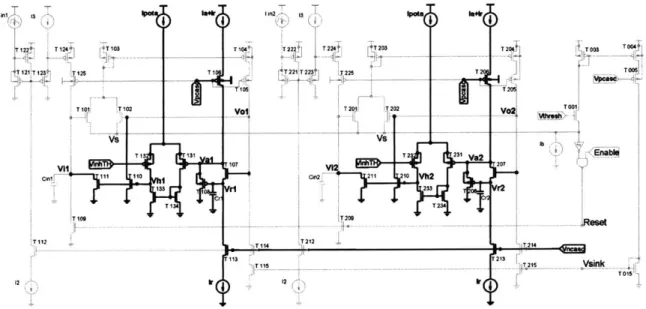 Figure 22. The 2-channel  race-to-spike  circuit with superbuffer (cascaded  N  and P source  followers) in  bold.