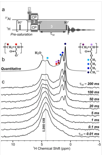 Figure 8: a) Radio-frequency-pulse NMR sequence used to probe LDH/copolymer interactions
