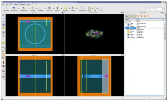 Figure 3-5: Layout of FDTD solutions package (purached from LUMERICAL) for simulating the transmission of Si based add-drop filter.