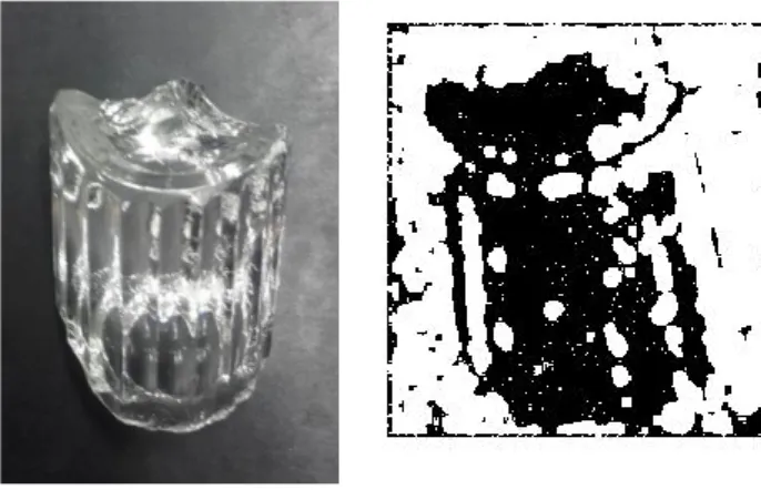 Fig 4.  a) Glass object b) Quality map for the evaluated Stokes parameters (black pixels are good) 