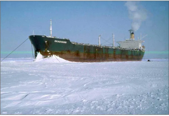 Figure 6: Tanker “Skauvann” overwintering fuel storage in Wise Bay in the 1980’s (from  Connelly, 2012)