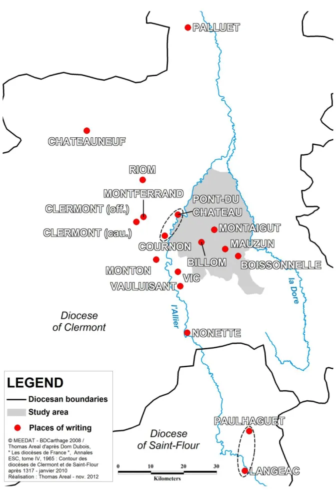 Fig. 1: “Places of writing” mentioned in the corpus of acts concerning the area between Dore and Allier