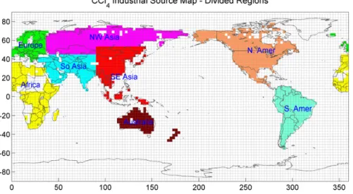 Fig. 3. Partitioning of the global industrial CCl 4  source into the eight regions is shown  along with the T42 MATCH grids