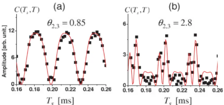 FIG. 2. (Color online) Examples of interferometry signal am- am-plitude C(T s ,T ) oscillation vs T s at fixed T 