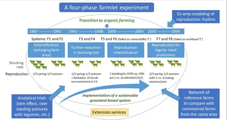 FIGURE 2 | The four successive cycles of farmlet experiments that were conducted in French Massif Central to design a self-sufficient and sustainable system for upland sheep production.