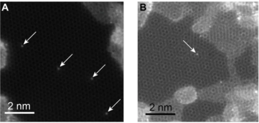 Figure 2-6: STEM MAADF images (raw data) of the single-layer and double-layer graphene area where P dopant atoms are spotted.