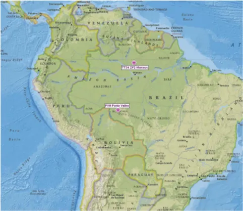 Fig. 2 Map of Amazonia showing the locations of the two atmospheric sampling sites at Porto Velho (PVH), and Central Amazonia (TT34) (yellow markers).