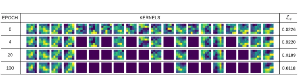 Fig. 3: Evolution of the 20 kernels of the first convolutional layer of LeNet and the global kernel-sparsity regularization term L s during a training on the MNIST dataset