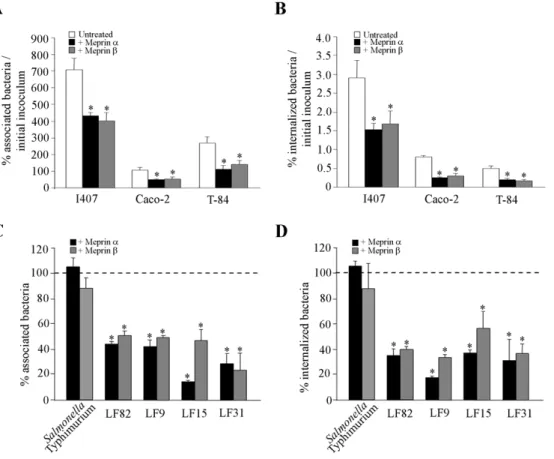 Figure 3. Effect of meprins on the ability of AIEC strains and Salmonella Typhimurium strain LT2 to adhere to and to invade intestinal epithelial cells