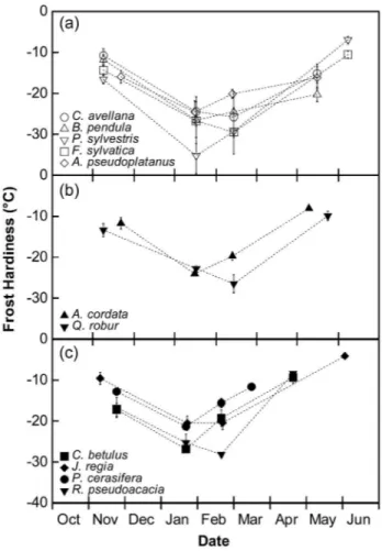 Figure 1. Seasonal change in frost hardiness (°C) of tree species  according to their altitudinal distribution: high-mountain and  sub-mountain species (a), low-sub-mountain species (b) and lowland species  (c)