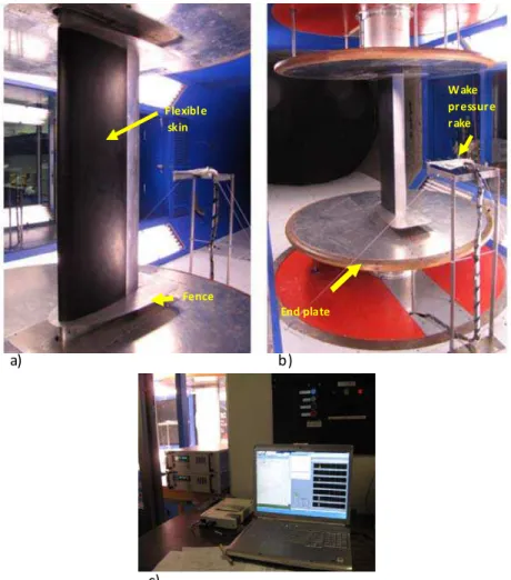 Fig. 12 Wing model installed in the NRC 2m×3m wind tunnel: a) upper surface side view, b) view of the model trailing edge  looking upstream, c) Control hardware and computer program    