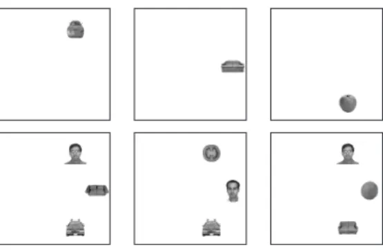 Figure 2. Illustration of some of the stimuli presented during the experiment. (Top): Stimuli where a single object was present
