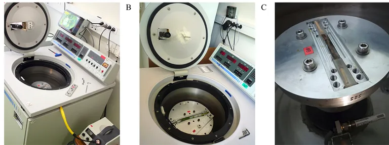 Figure 3: Standard Cavitron showing the centrifuge and the light source on the left (A) and the center and the rotor  with  the  branches  (B)  and  the  two  water reservoirs  on  the  right  (C)