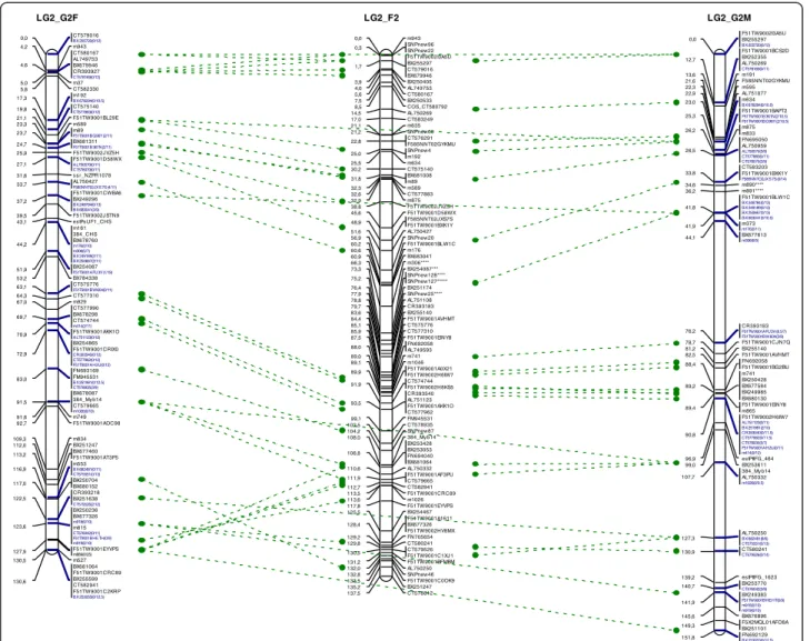 Figure 2 Example of linkage group (LG2) obtained from segregation data for the G2 and F2 mapping populations